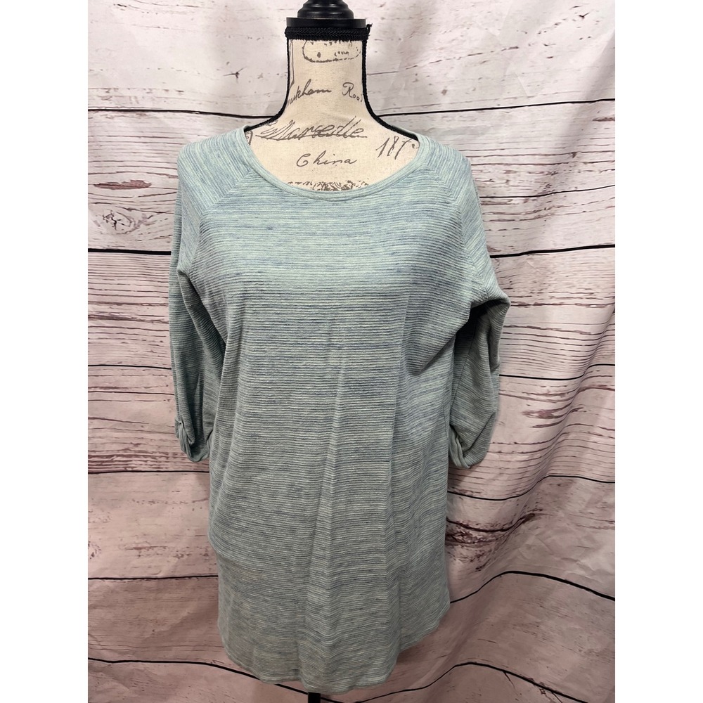 LL Bean Womens Large Light Blue Cotton Slub Knit Tunic Back Zip Top 298913